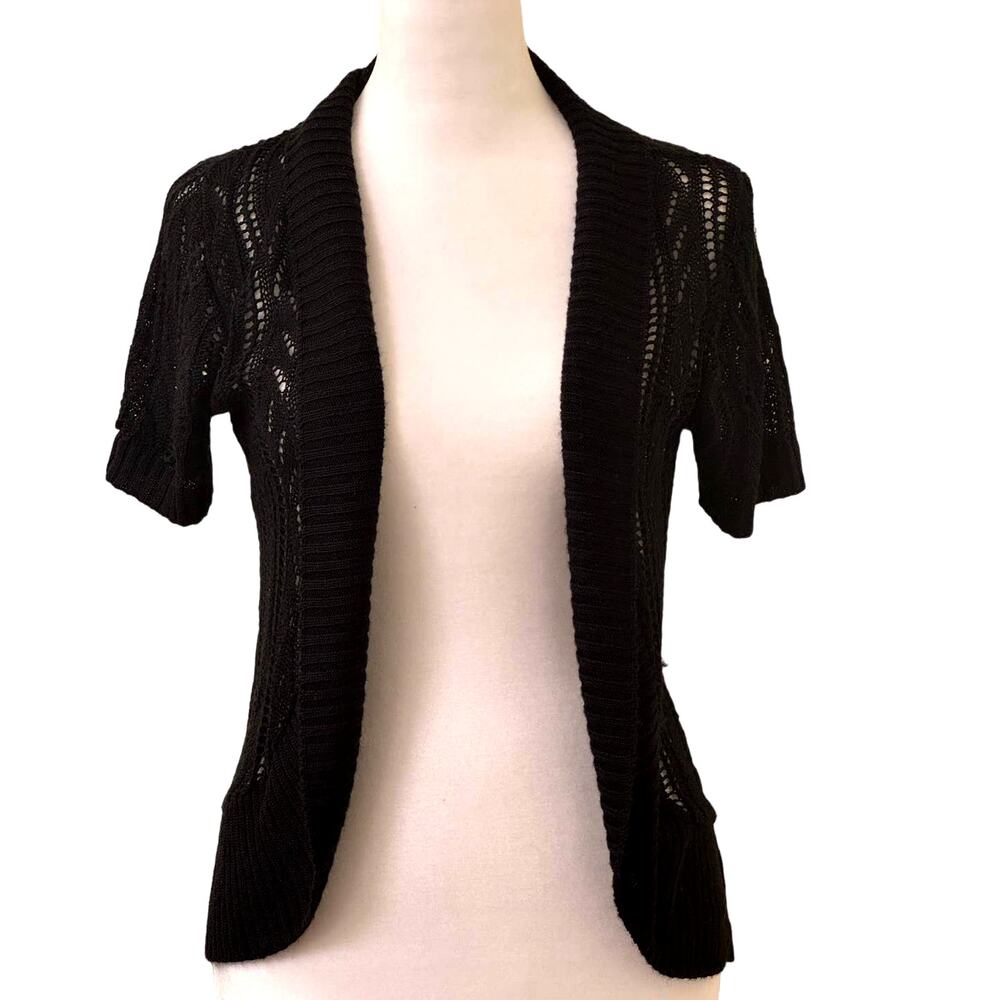 Yarn Art Black Short Sleeve Bolero Cardigan Sweater Crochet Size Small